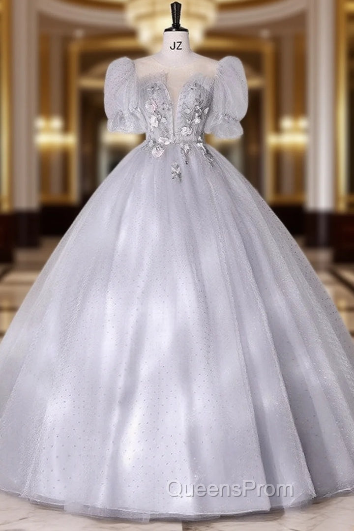 Gray Tulle Puff Sleeve Appliques Quinceanera Dress Main image