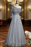Gray Tulle Scoop Pearls Pleats Evening Prom Dress