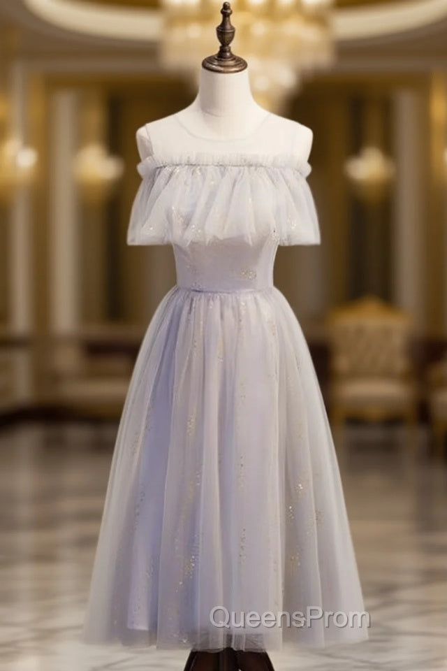 Gray Tulle Scoop Sequins Tea Length Evening Prom Dress Main image