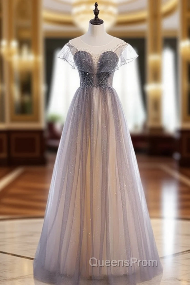 Gray Tulle Scoop Sleeve Beading Sequins Evening Prom Dress Main image