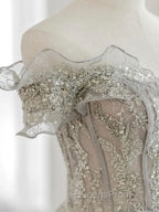 Gray Tulle Sequin Lace Off Shoulder Long Evening Prom Dress, Gray Evening Dress