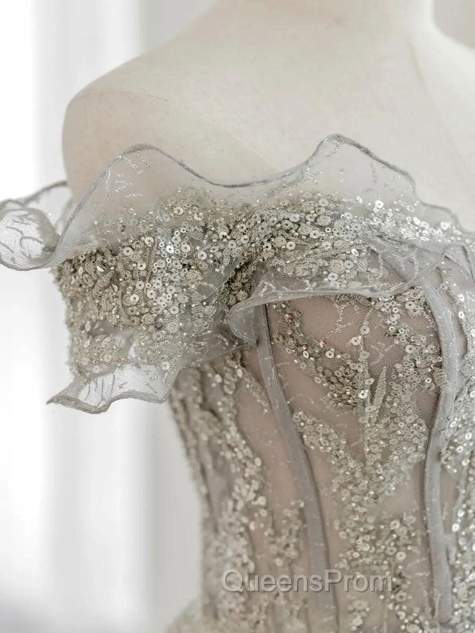 Gray Tulle Sequin Lace Off Shoulder Long Evening Prom Dress, Gray Evening Dress