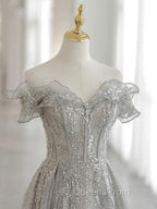 Gray Tulle Sequin Lace Off Shoulder Long Evening Prom Dress, Gray Evening Dress