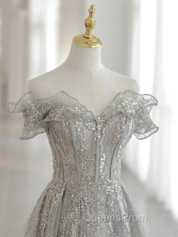 Gray Tulle Sequin Lace Off Shoulder Long Evening Prom Dress, Gray Evening Dress