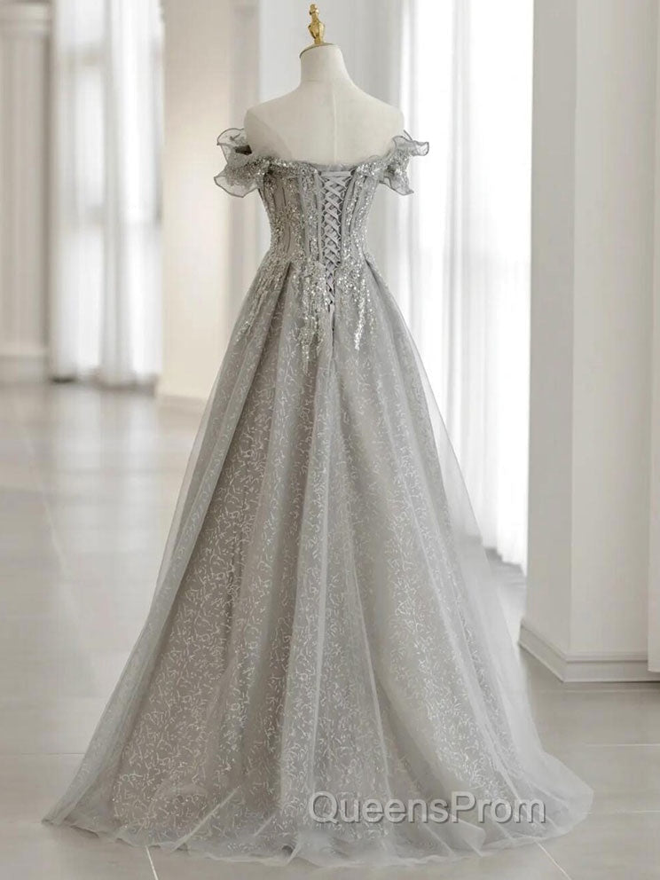 Gray Tulle Sequin Lace Off Shoulder Long Evening Prom Dress, Gray Evening Dress Secondary image