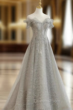 Gray Tulle Sequin Lace Off Shoulder Long Evening Prom Dress, Gray Evening Dress