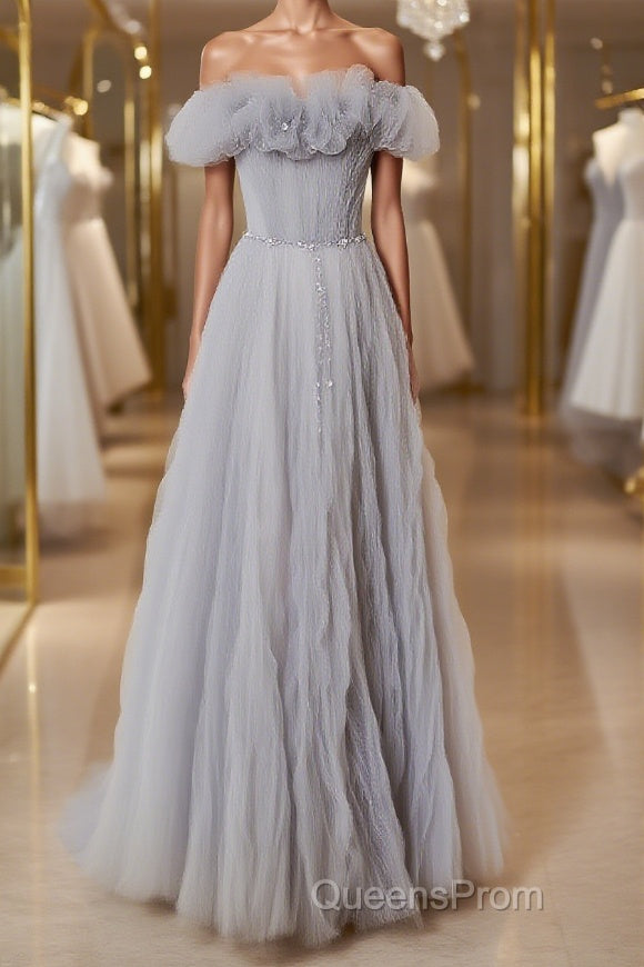 Gray tulle sequin long Evening Prom Dress, gray tulle formal Dress Main image
