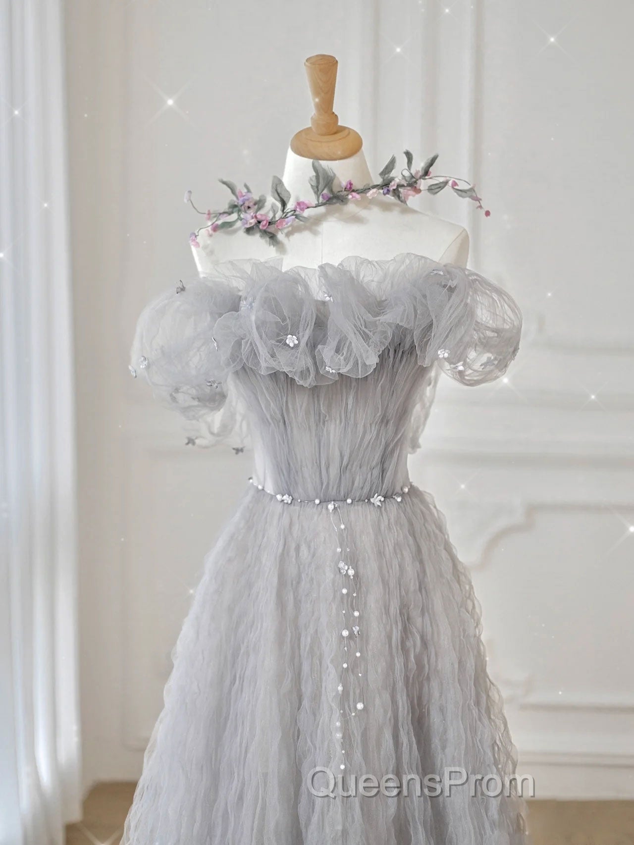Gray tulle sequin long Evening Prom Dress, gray tulle formal Dress