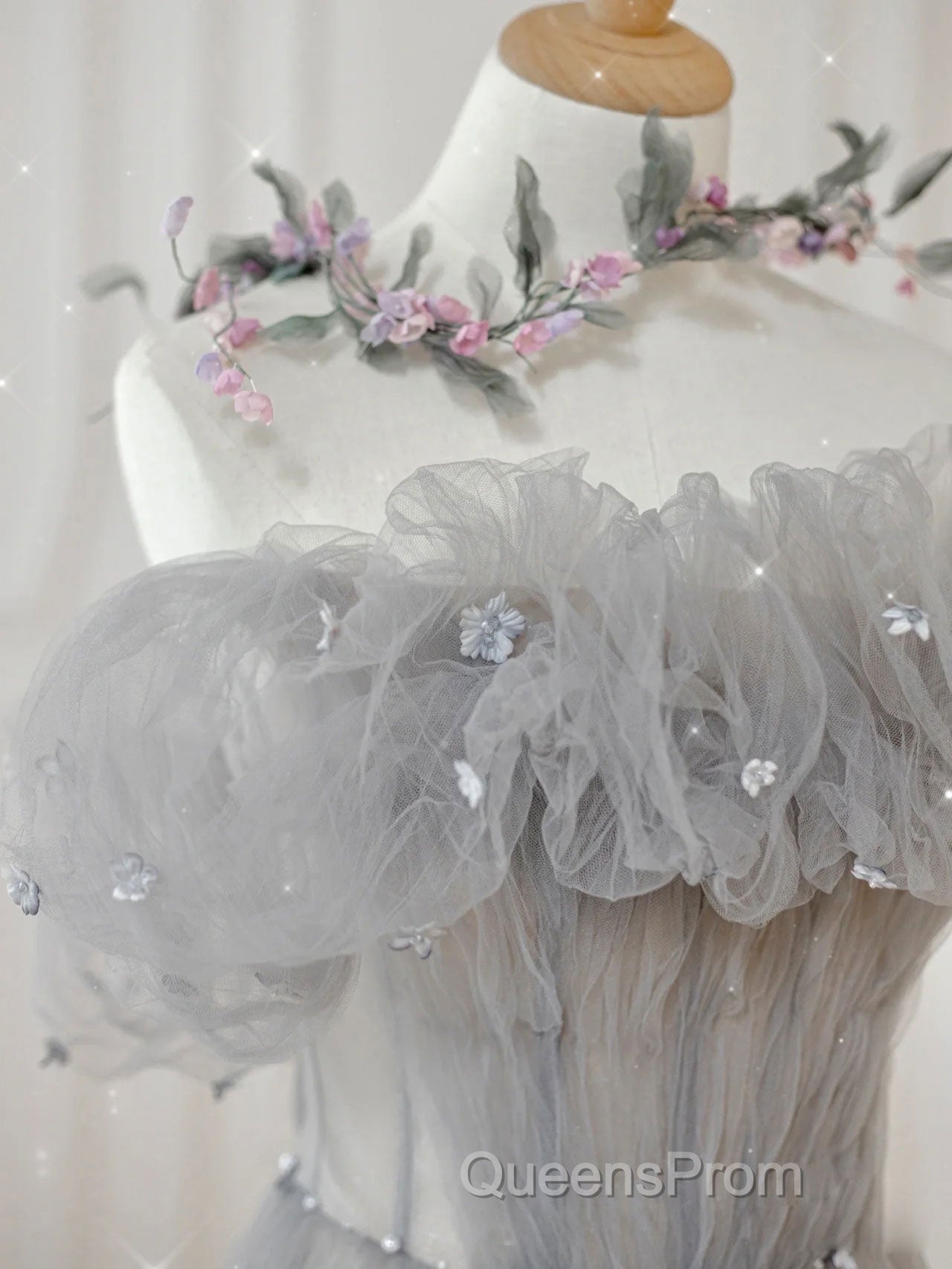 Gray tulle sequin long Evening Prom Dress, gray tulle formal Dress