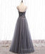 Gray Tulle Sequin Long Evening Prom Dress, Gray Tulle Evening Dress with Beading Sequin