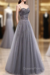 Gray Tulle Sequin Long Evening Prom Dress, Gray Tulle Evening Dress with Beading Sequin