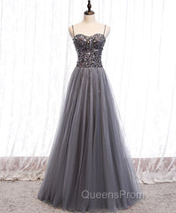 Gray Tulle Sequin Long Evening Prom Dress, Gray Tulle Evening Dress with Beading Sequin