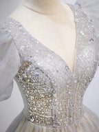 Gray Tulle Sequin Long Evening Prom Dress, Gray Tulle Evening Graduation Dress