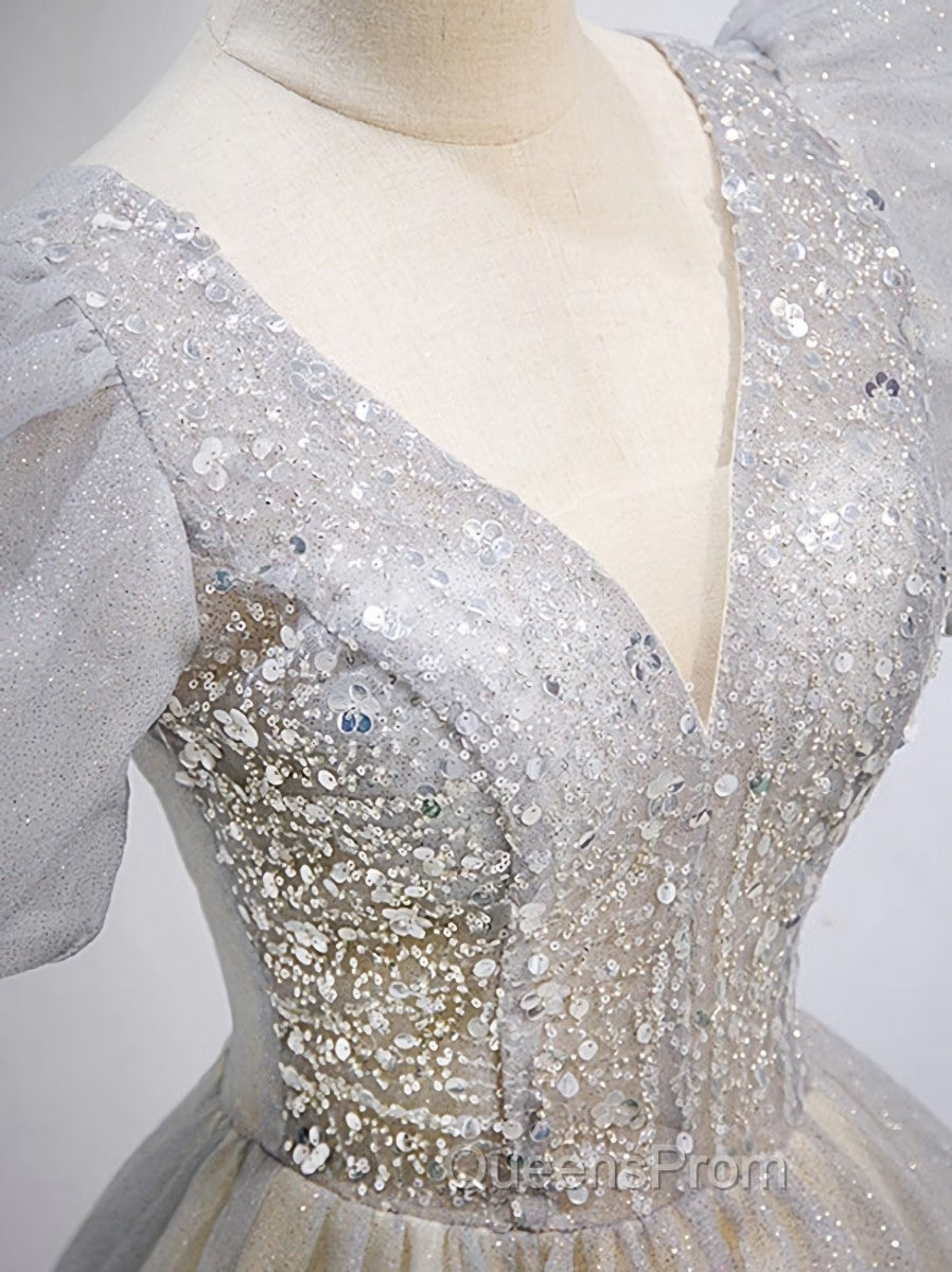 Gray Tulle Sequin Long Evening Prom Dress, Gray Tulle Evening Graduation Dress