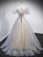 Gray Tulle Sequin Long Evening Prom Dress, Gray Tulle Evening Graduation Dress