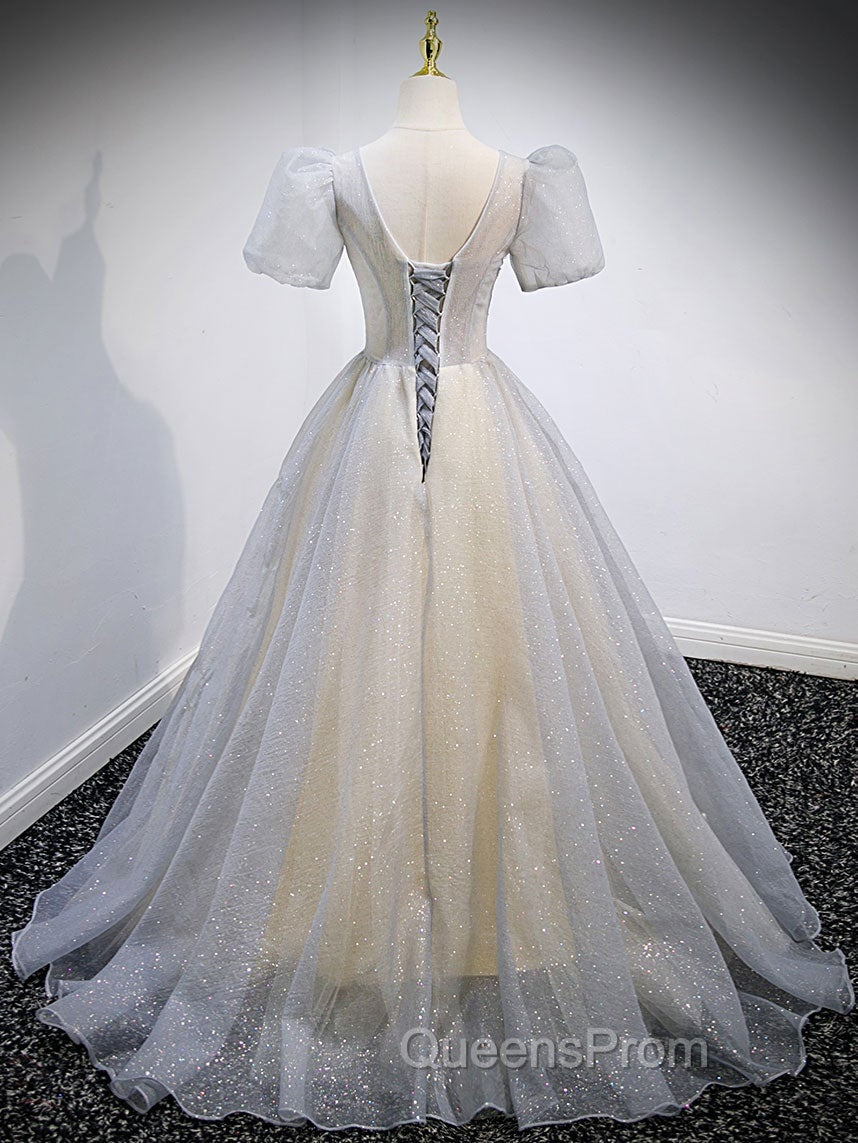 Gray Tulle Sequin Long Evening Prom Dress, Gray Tulle Evening Graduation Dress
