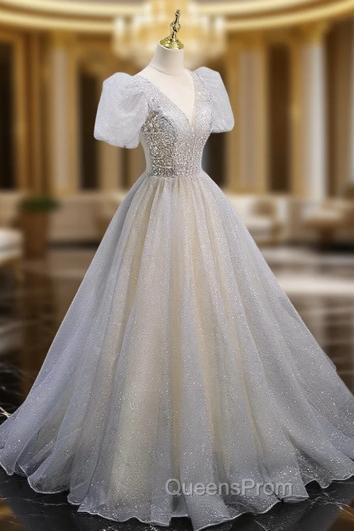Gray Tulle Sequin Long Evening Prom Dress, Gray Tulle Evening Graduation Dress Main image