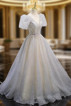 Gray Tulle Sequin Long Evening Prom Dress, Gray Tulle Evening Graduation Dress
