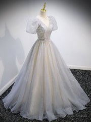 Gray Tulle Sequin Long Prom Dress, Gray Tulle Formal Graduation Dresses