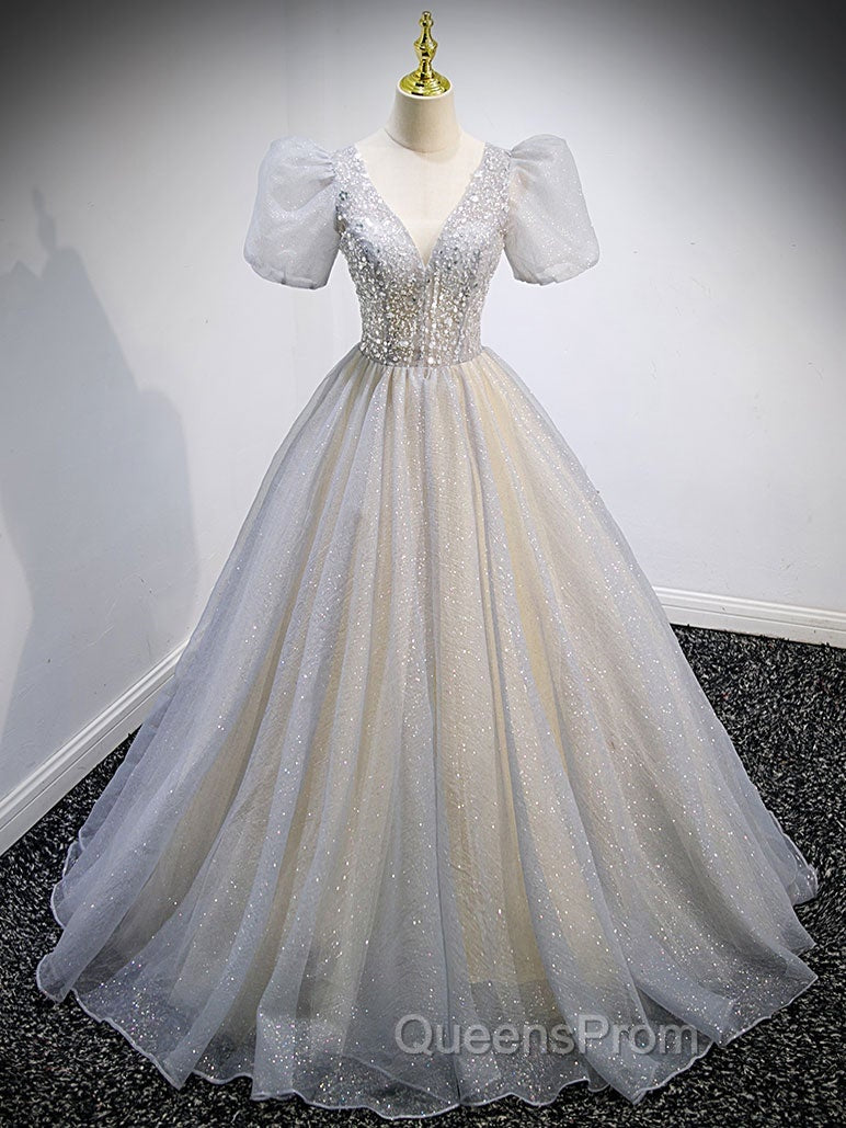 Gray Tulle Sequin Long Evening Prom Dress, Gray Tulle Evening Graduation Dress Secondary image