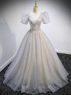 Gray Tulle Sequin Long Evening Prom Dress, Gray Tulle Evening Graduation Dress