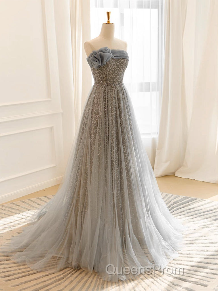 Gray Tulle Sequin Long Evening Prom Dress, Gray Tulle Long Evening Dress Secondary image