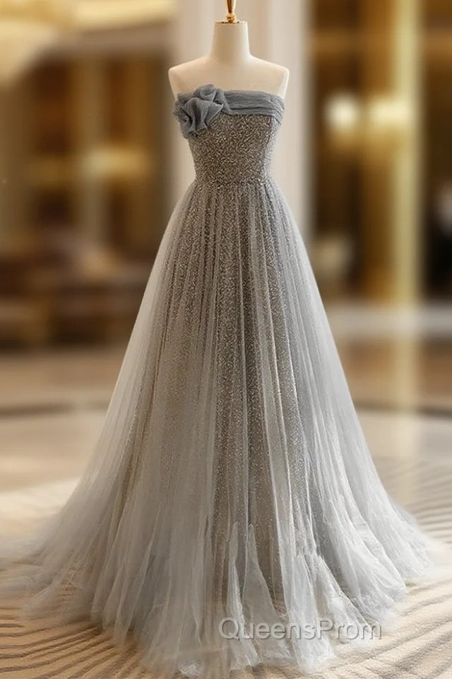 Gray Tulle Sequin Long Evening Prom Dress, Gray Tulle Long Evening Dress Main image