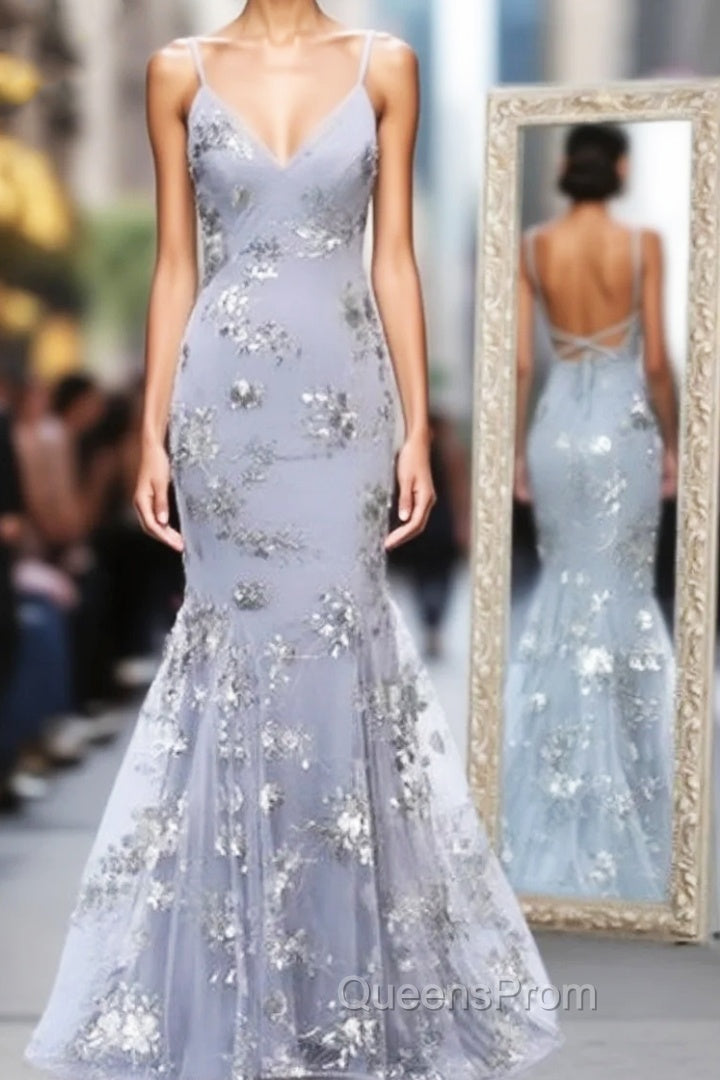 Gray Tulle Sequins Appliques Spaghetti Straps Backless Long Evening Prom Dress Main image
