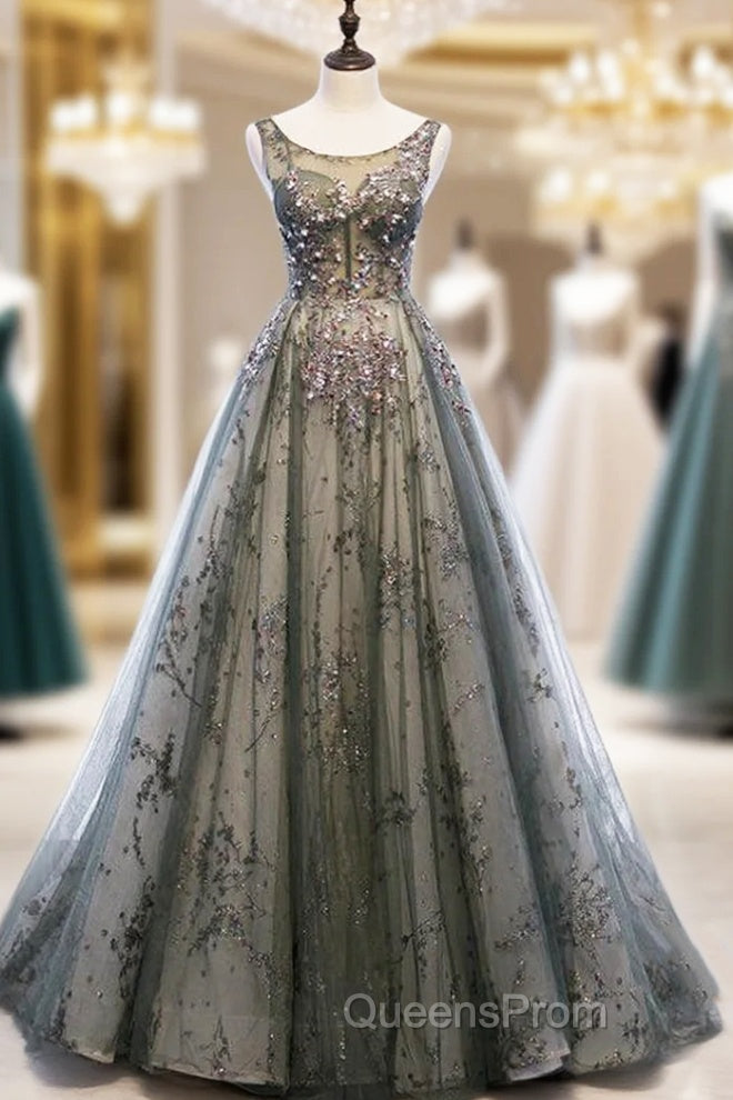 Gray Tulle Sequins Backless Sleeveless Evening Prom Dress Main image