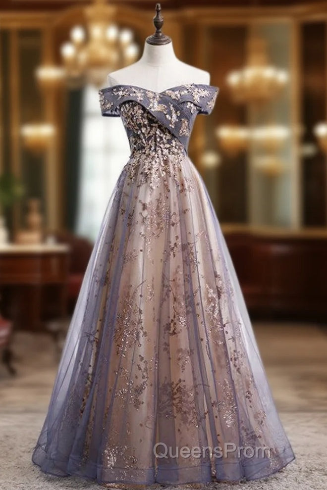 Gray Tulle Sequins Beading Off the Shoulder Evening Prom Dress