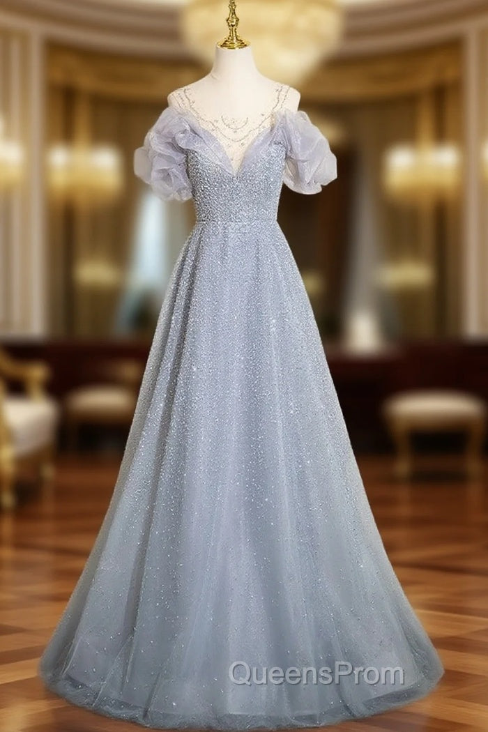 Gray Tulle Sequins Beading Evening Prom Dress