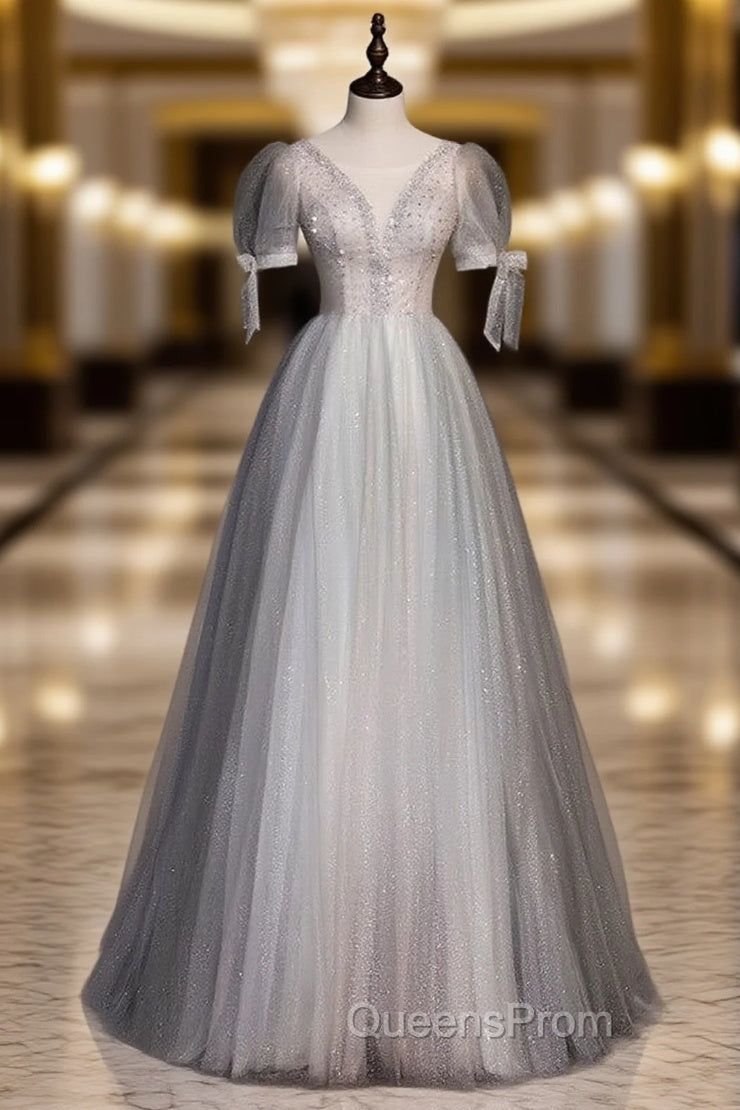 Gray Tulle Sequins Beading Short Sleeve Evening Prom Dress Main image