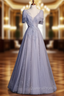 Gray Tulle Sequins Beading V-neck Evening Prom Dress