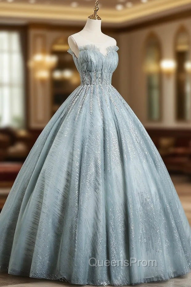Gray Tulle Sequins Floor Length Evening Prom Dress, A-Line Evening Party Gown