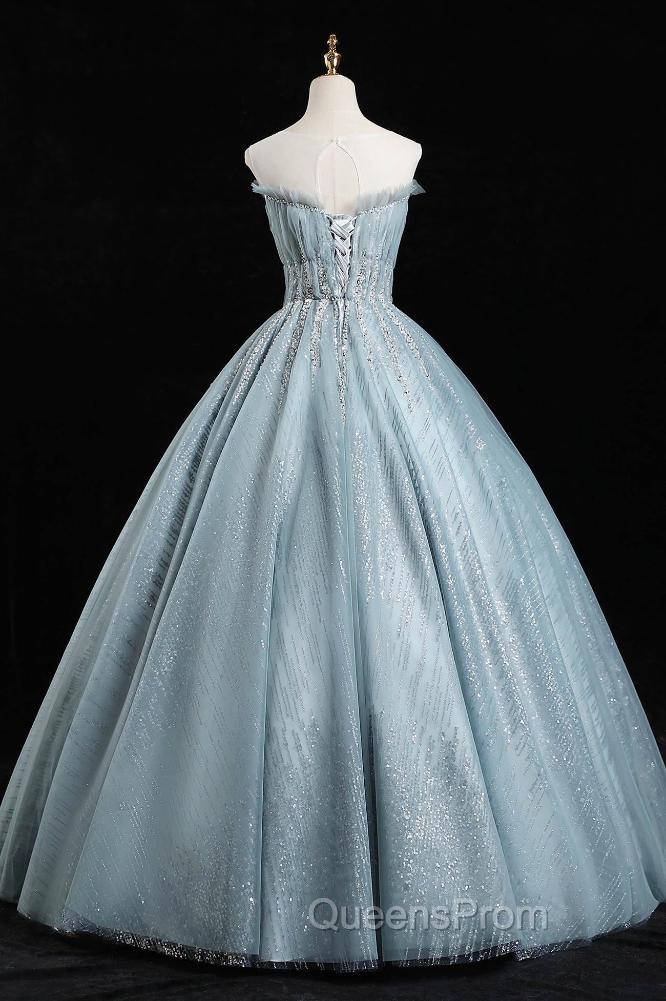 Gray Tulle Sequins Floor Length Evening Prom Dress, A-Line Evening Party Gown