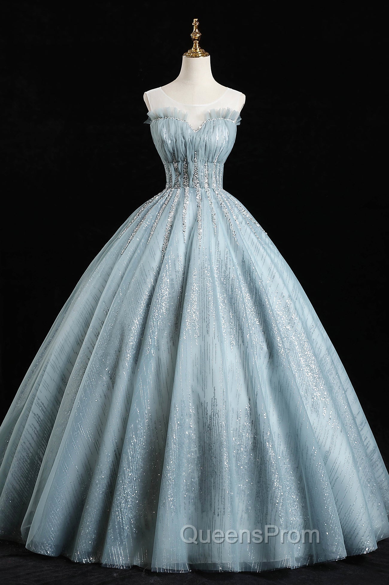 Gray Tulle Sequins Floor Length Evening Prom Dress, A-Line Evening Party Gown Main image