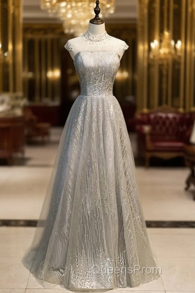 Gray Tulle Sequins High Neck Cap Sleeve Evening Prom Dress Main image