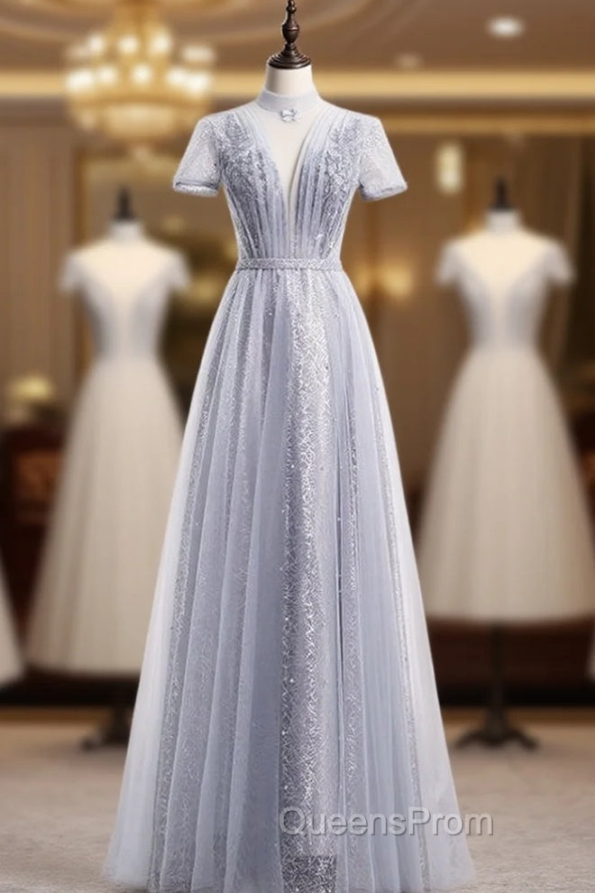 Gray Tulle Sequins High Neck Short Sleeve Beading Evening Prom Dress Main image