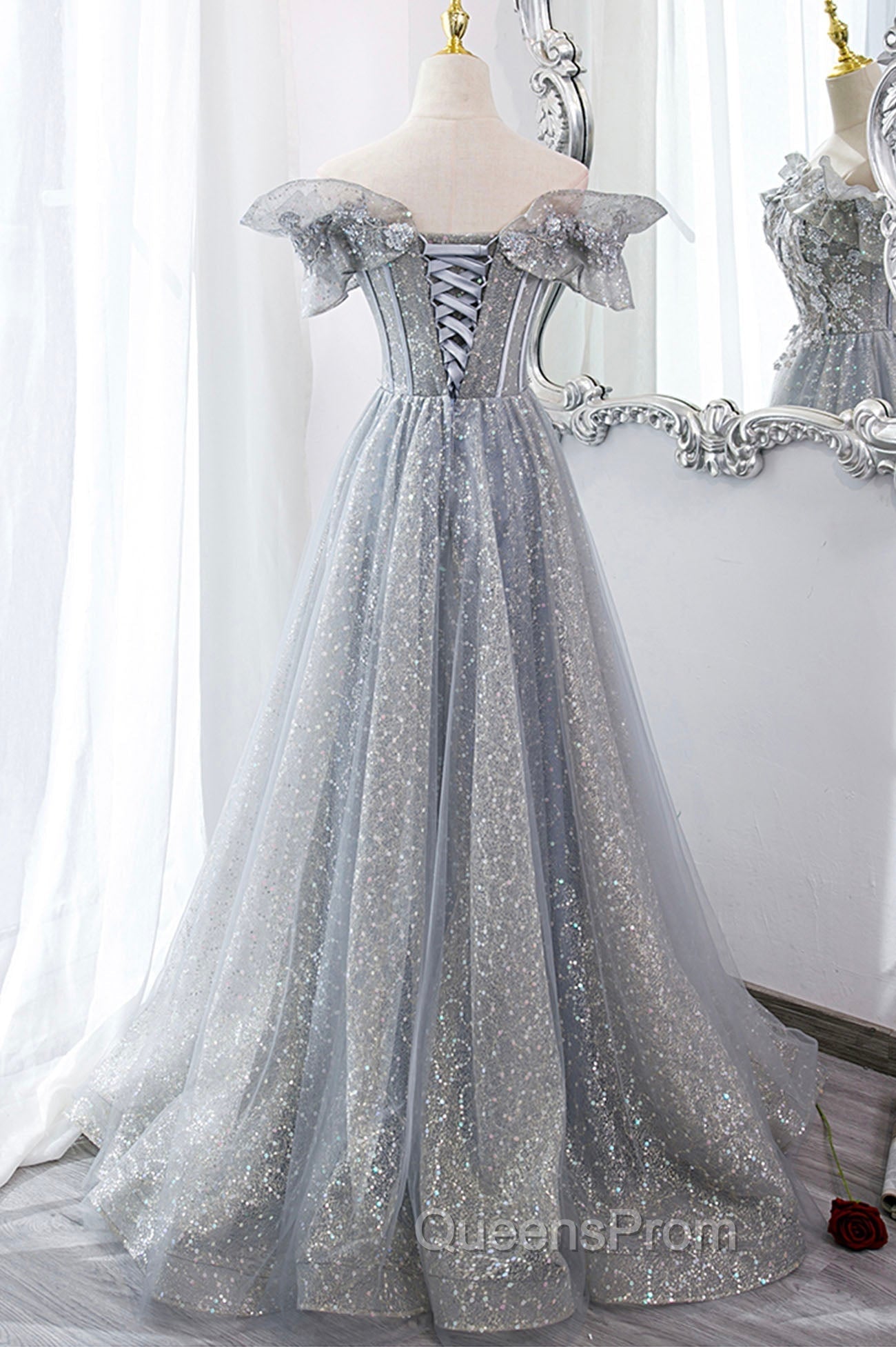 Gray Tulle Sequins Long A-Line Evening Prom Dress, Off the Shoulder Graduation Dress Secondary image