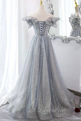 Gray Tulle Sequins Long A-Line Evening Prom Dress, Off the Shoulder Graduation Dress
