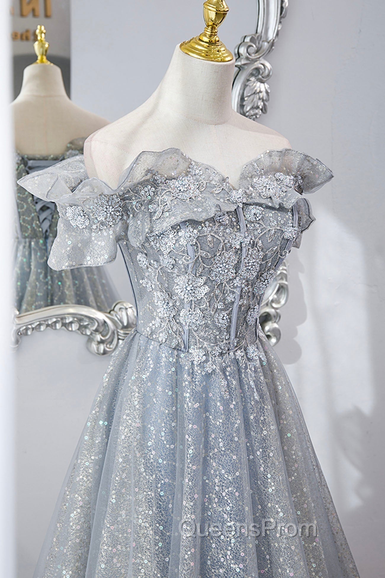 Gray Tulle Sequins Long A-Line Evening Prom Dress, Off the Shoulder Graduation Dress