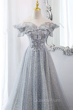 Gray Tulle Sequins Long A-Line Evening Prom Dress, Off the Shoulder Graduation Dress