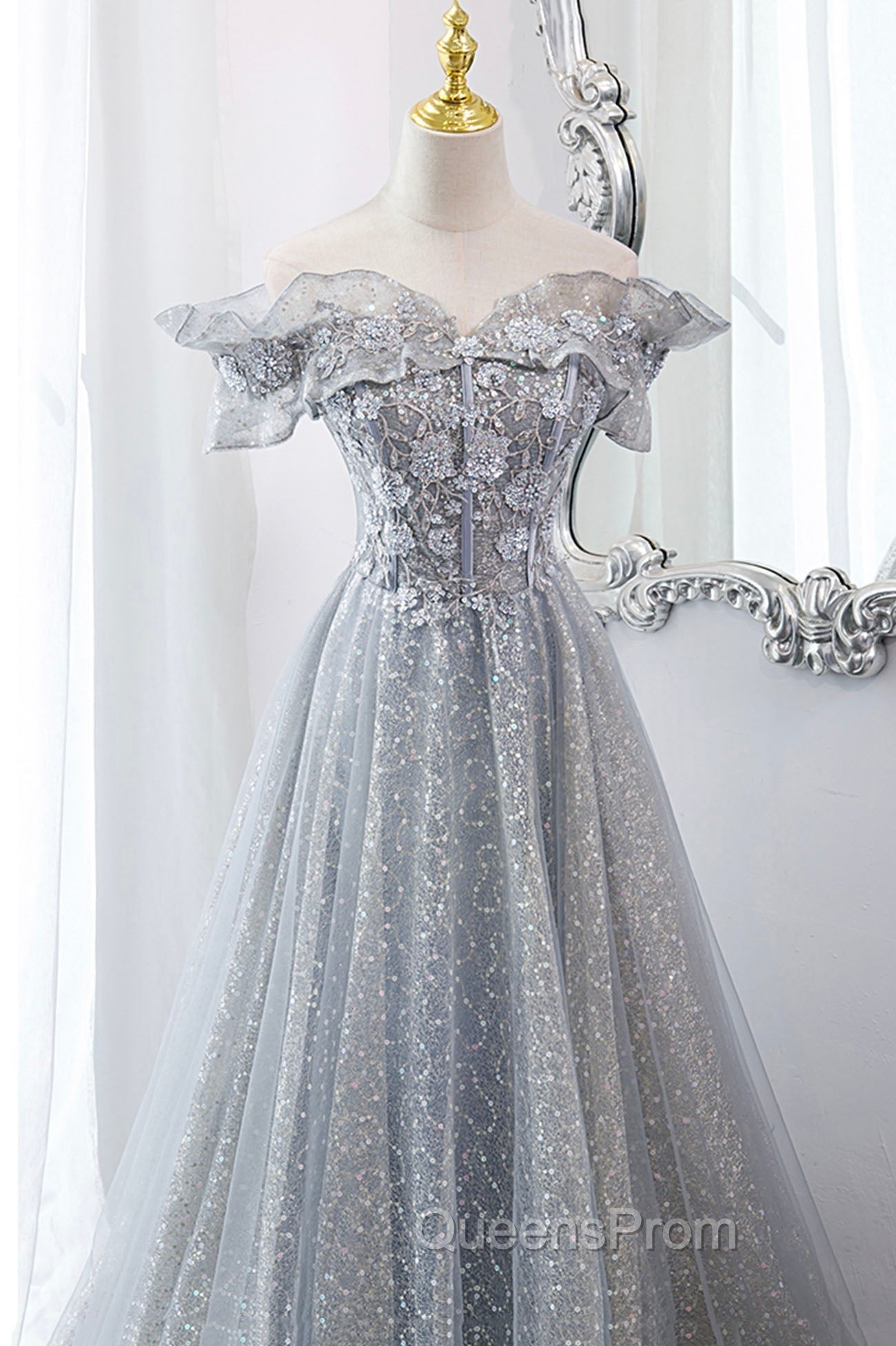 Gray Tulle Sequins Long A-Line Evening Prom Dress, Off the Shoulder Graduation Dress