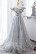 Gray Tulle Sequins Long A-Line Evening Prom Dress, Off the Shoulder Graduation Dress