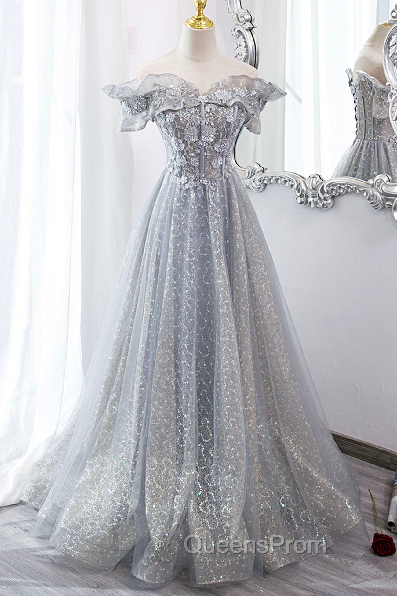 Gray Tulle Sequins Long A-Line Evening Prom Dress, Off the Shoulder Graduation Dress