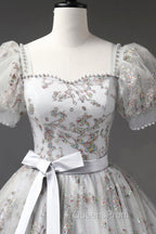 Gray Tulle Sequins Long Evening Prom Dress, A-Line Evening Party Dress