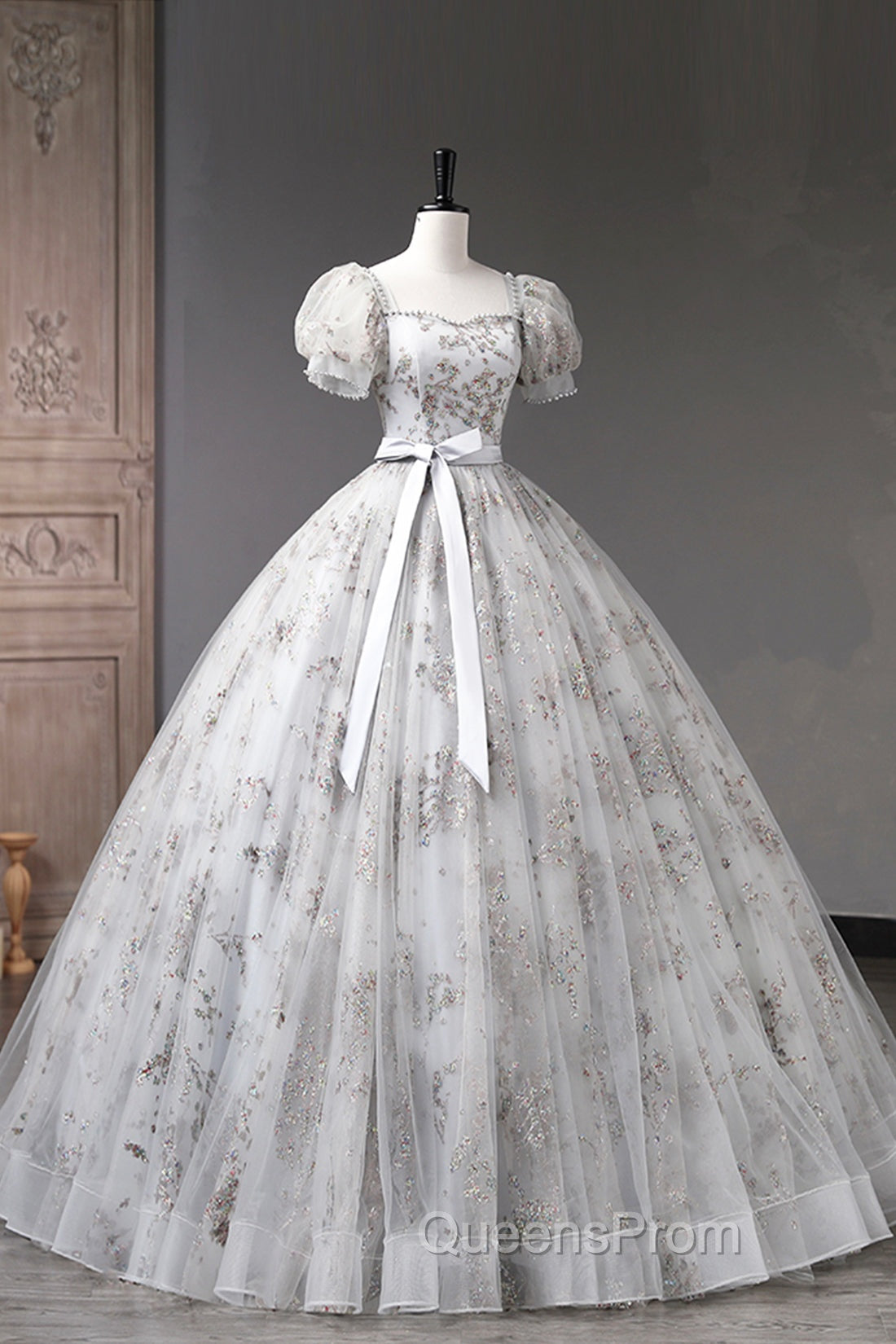 Gray Tulle Sequins Long Evening Prom Dress, A-Line Evening Party Dress