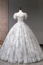 Gray Tulle Sequins Long Evening Prom Dress, A-Line Evening Party Dress