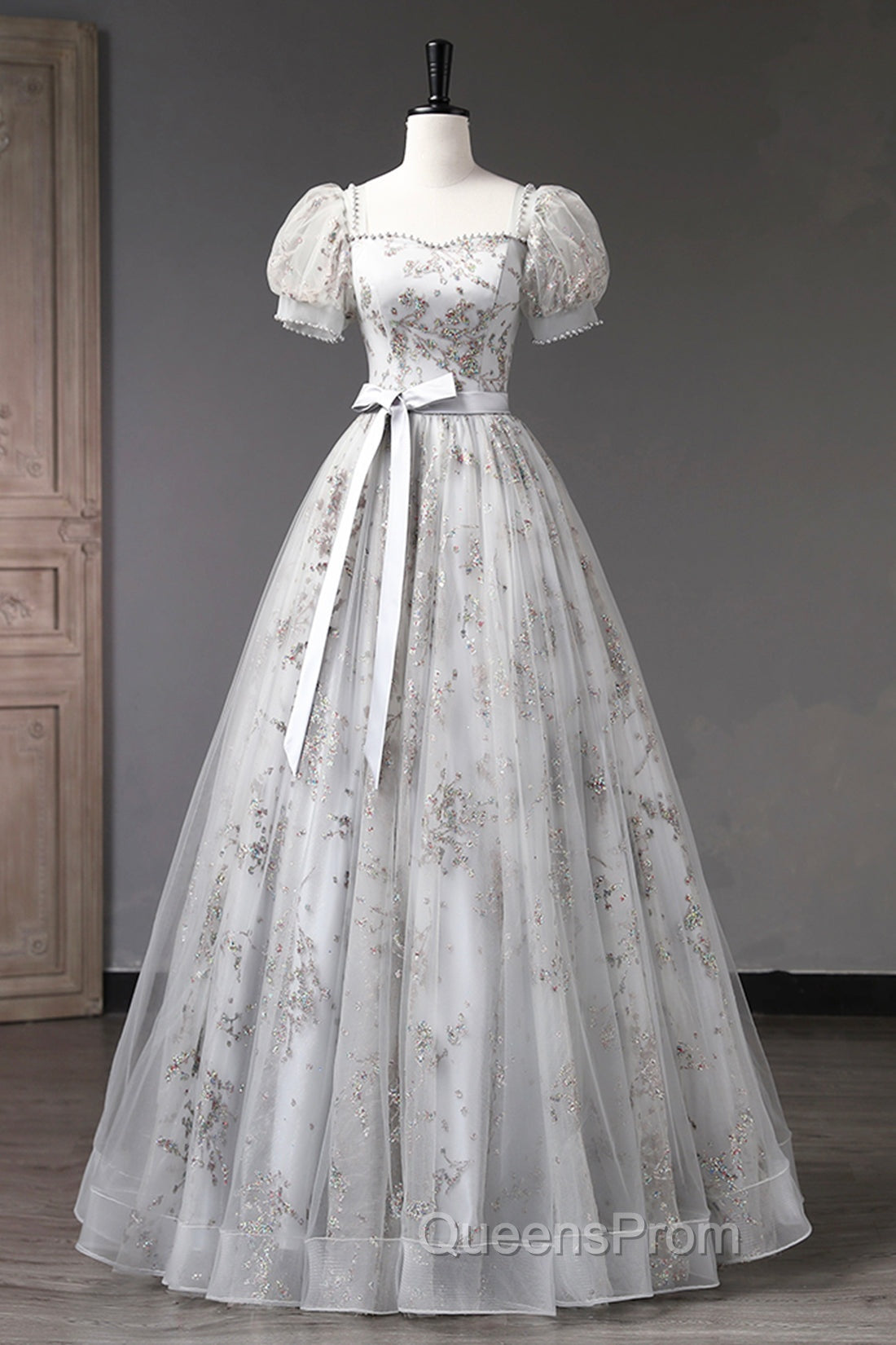 Gray Tulle Sequins Long Evening Prom Dress, A-Line Evening Party Dress Secondary image