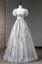 Gray Tulle Sequins Long Evening Prom Dress, A-Line Evening Party Dress